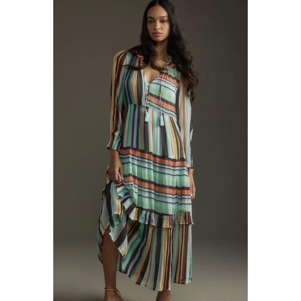 ANTHROPOLOGIE The Marais Printed Chiffon Maxi Dress striped Slip Raffle  Sz S